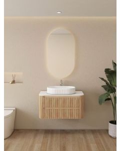 Tailored Fluted Wood Oak Wall Hung Curved Vanity Unit & Stone Countertop 900x500x500mm